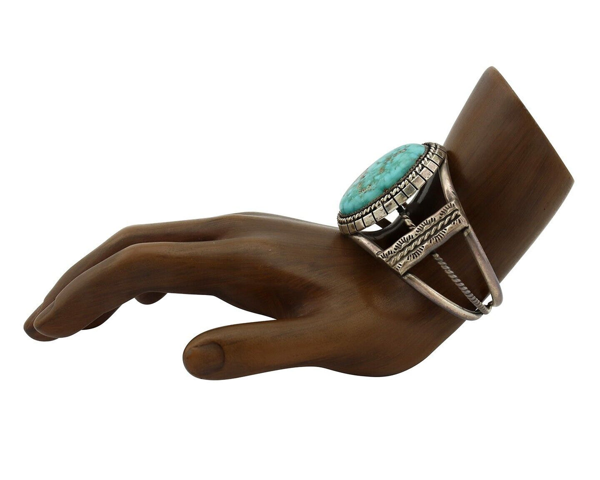 Navajo Bracelet 925 Silver Natural Blue Spiderweb Turquoise Signed Tom Willeto
