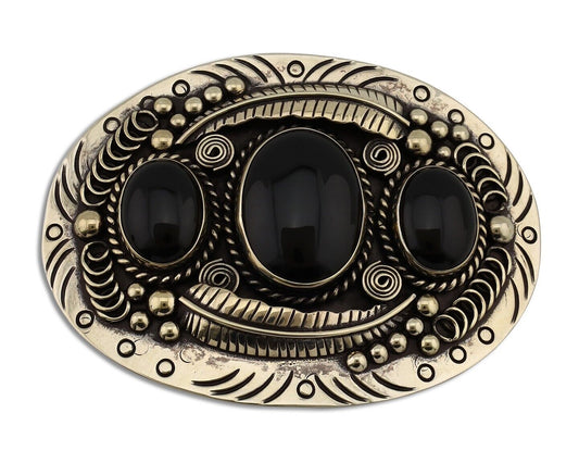 Men Navajo Belt Buckle .999 Nickel Onyx Artist Signed Teepee Handmade C.1980's