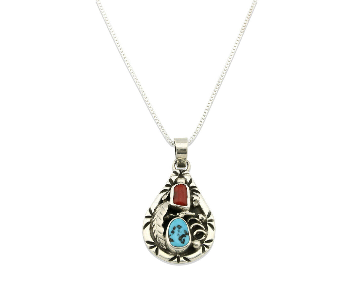 Navajo Necklace .925 Silver Natural Blue Turquoise & Coral Tipi Artist C.80's
