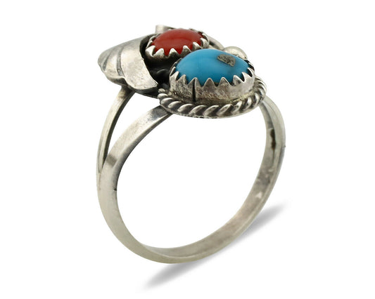 Navajo Ring .925 Silver Turquoise & Coral Artist Signed J Morris C.80's