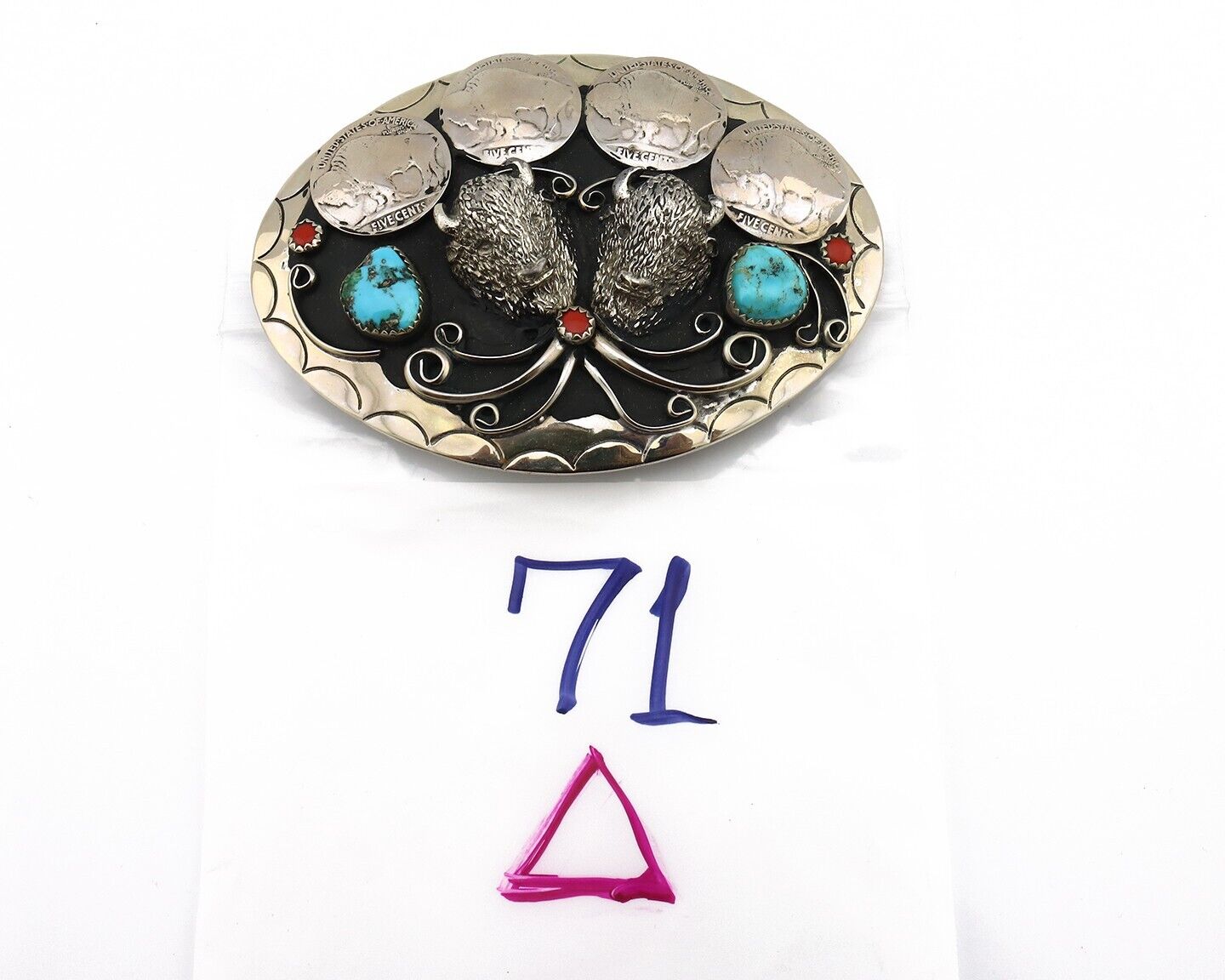 Navajo Buffalo Belt Buckle Nickle Silver Gemstone Handmade Native American C.80s