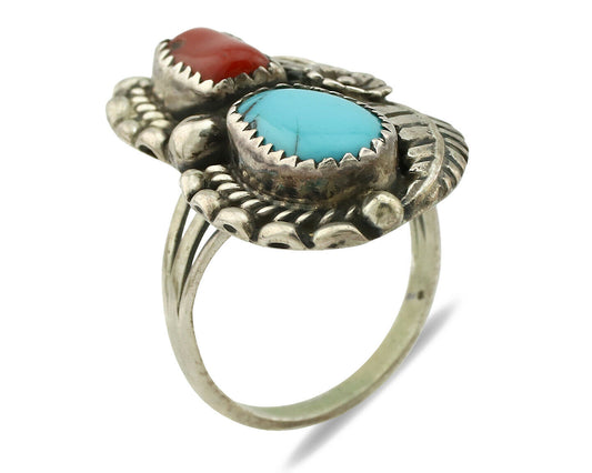 Navajo Ring .925 Silver Turquoise & Coral Artist Signed Thomas Singer C.80's