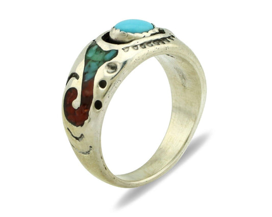 Navajo Handmade Ring 925 Silver Blue Turquoise & Coral Native American C.80's