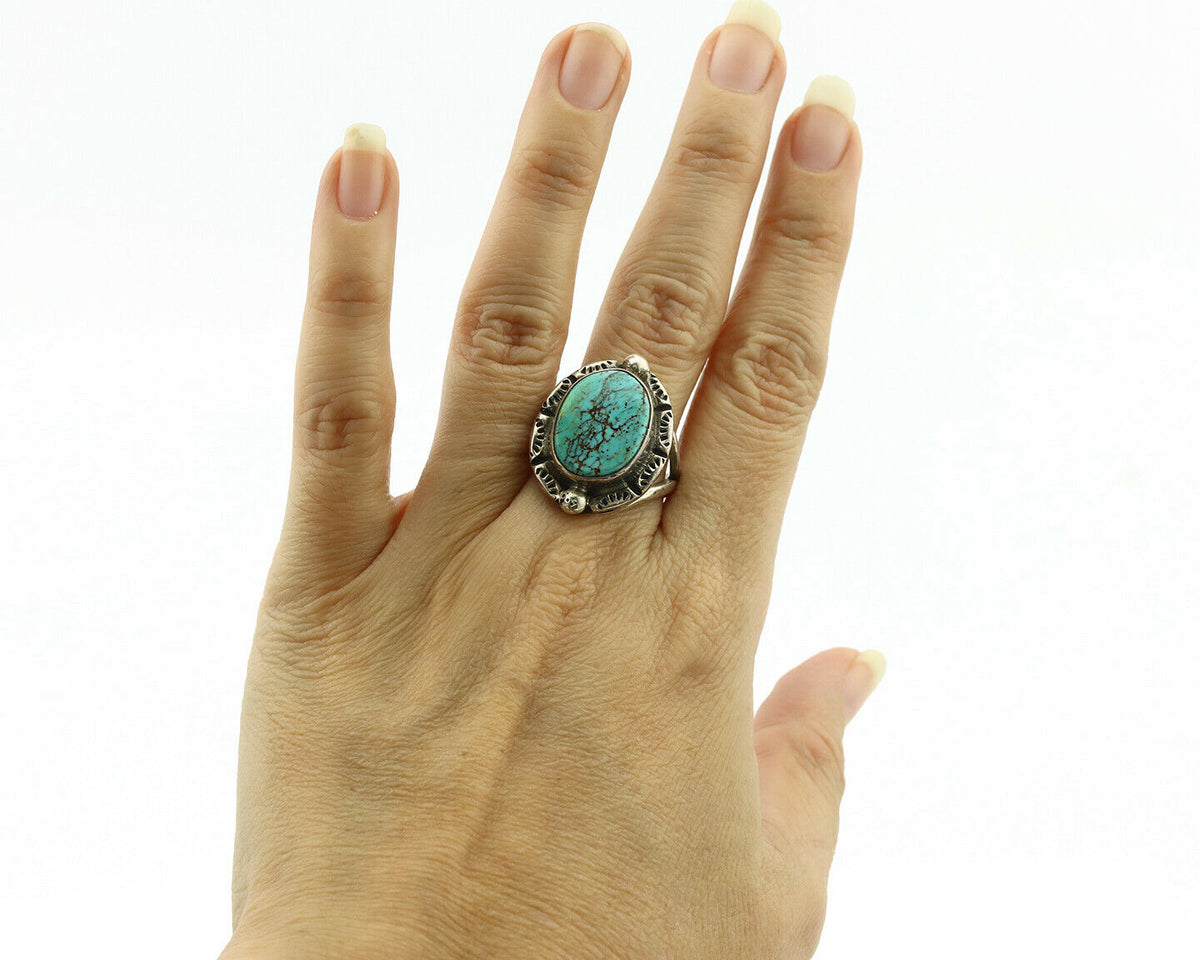 Navajo Ring .925 Silver Kingman Turquoise Artist Signed Gecko C.1980's