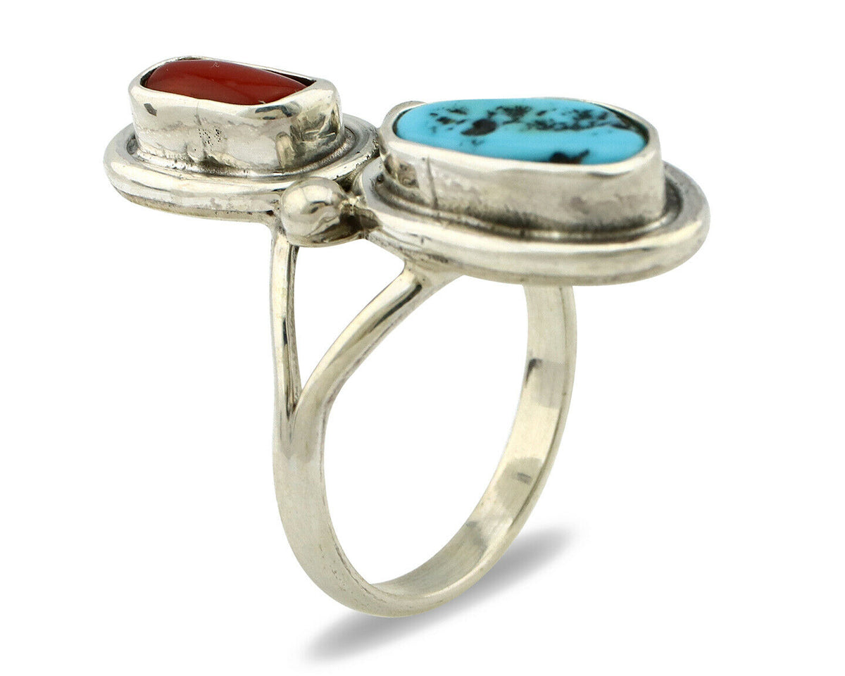 Navajo Ring .925 Silver Red Coral & Blue Turquoise Native Artist C.80's