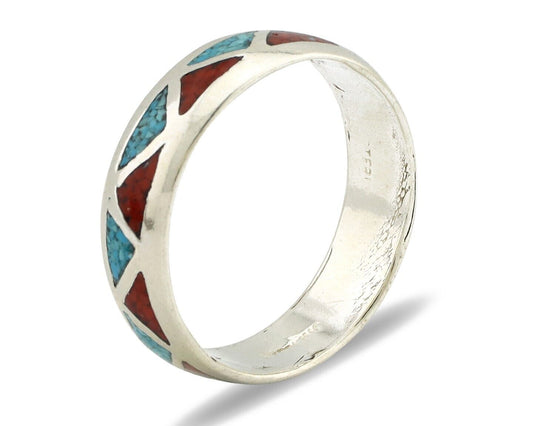 Navajo Chip Inlay Ring 925 Silver Sleeping Beauty Turquoise & Coral Silver Cloud