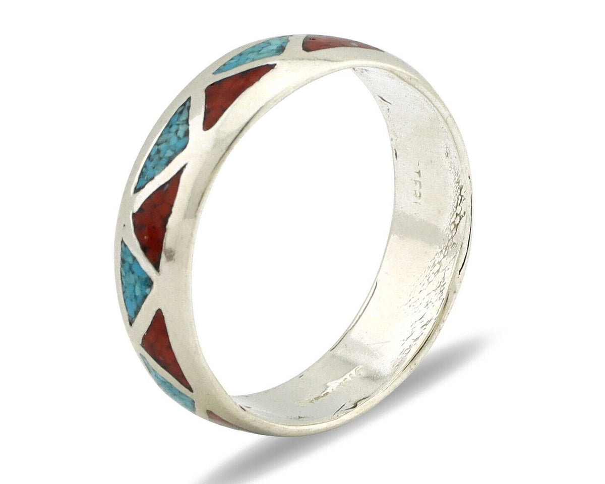 Navajo Chip Inlay Ring 925 Silver Sleeping Beauty Turquoise & Coral Silver Cloud