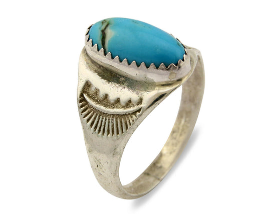 Zuni Ring .925 Silver Kingman Turquoise Hand Stamped Native American C.80's