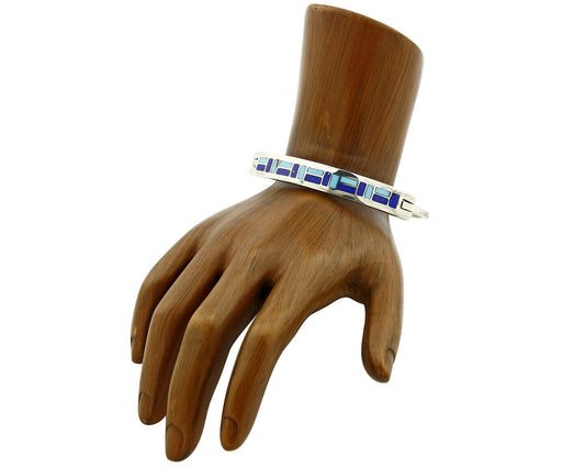 Vtg Navajo Signed ED. B Handmade Inlaid .925 Silver Bracelet