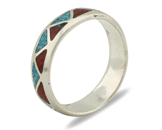 Navajo Ring 925 Silver Natural Turquoise & Coral Native American Artist C.80's