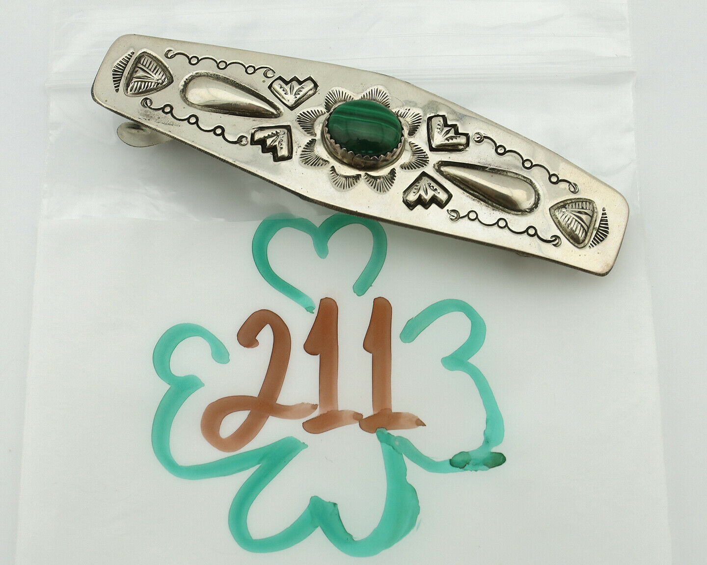 Women's Navajo Hair Clip .925 Silver Malachite Artist Signed LS C.80's