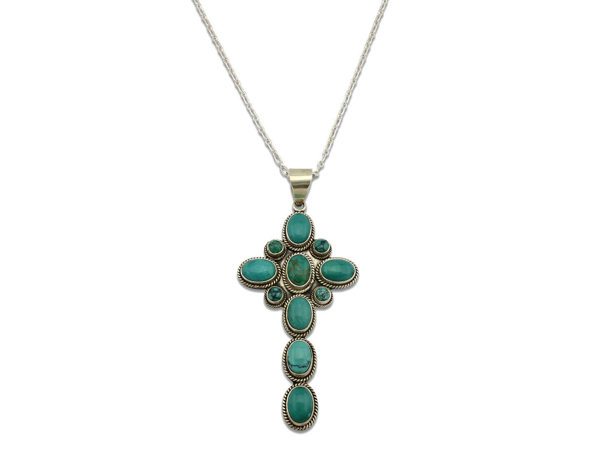 Navajo Cross Necklace .925 Silver Blue Green Turquoise Signed RB C.80's