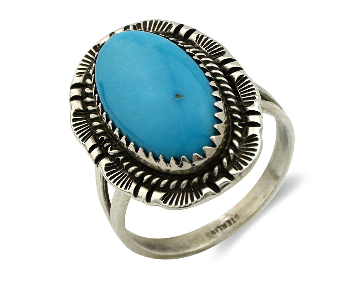 Navajo Ring .925 Silver Turquoise Mountain Signed AB C.80's