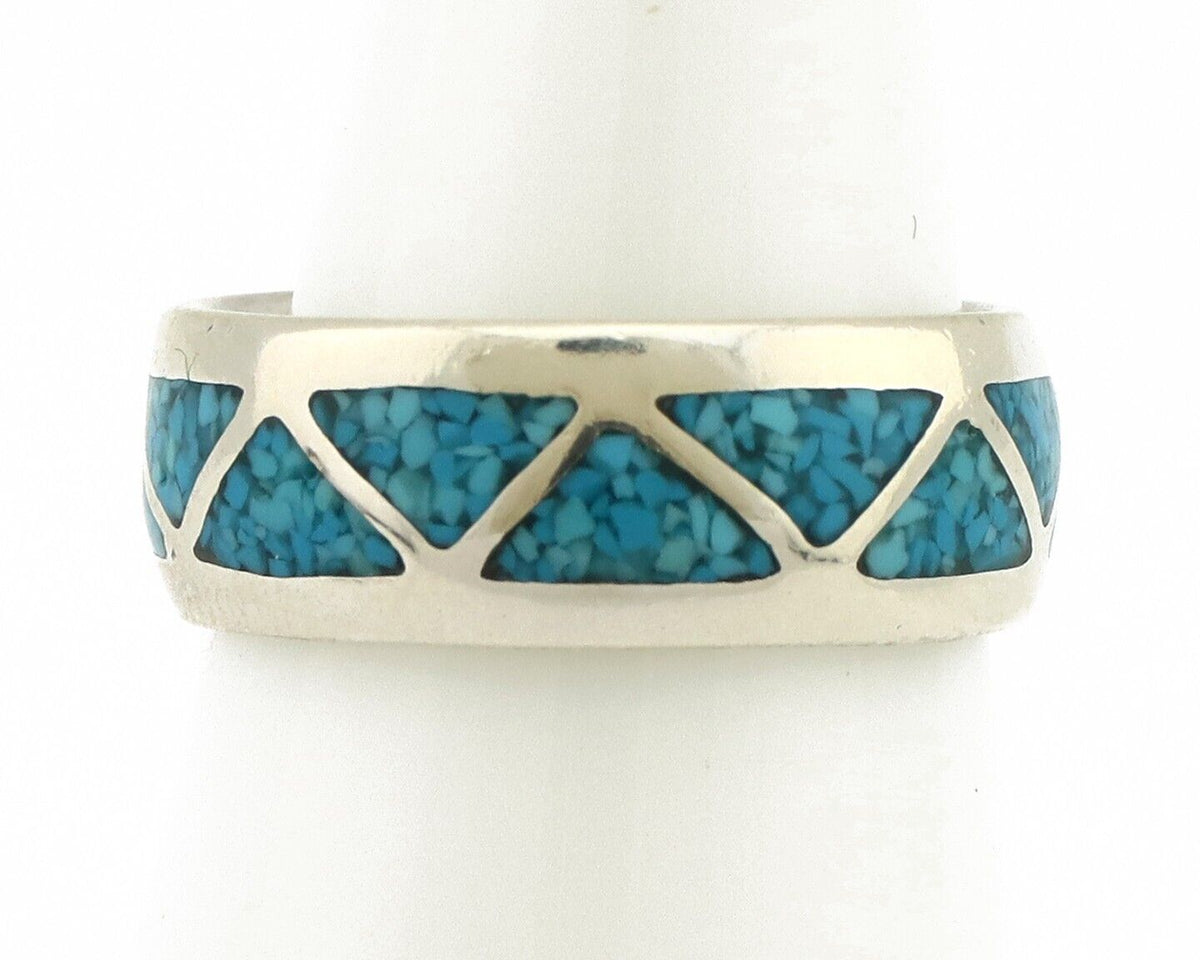 Navajo Chip Inlay Ring 925 Silver Sleeping Beauty Turquoise Artist Silver Cloud