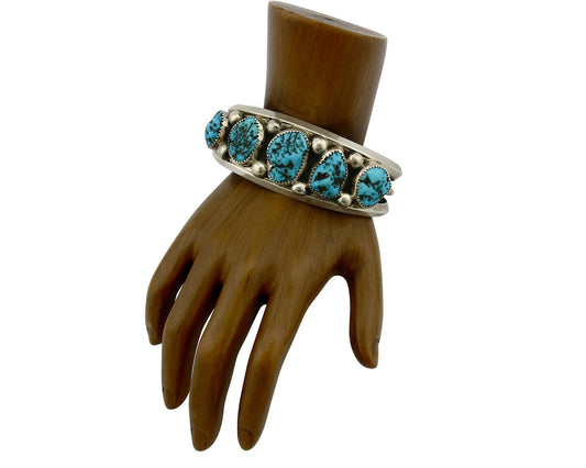 Navajo Bracelet .925 Silver Sleeping Beauty Turquoise Signed JR C.80's
