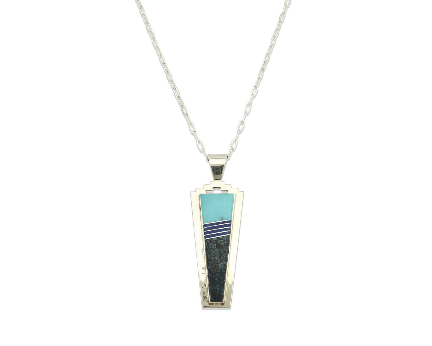 Navajo Necklace .925 Silver Landers Turquoise Signed H+V Thompson C.80's