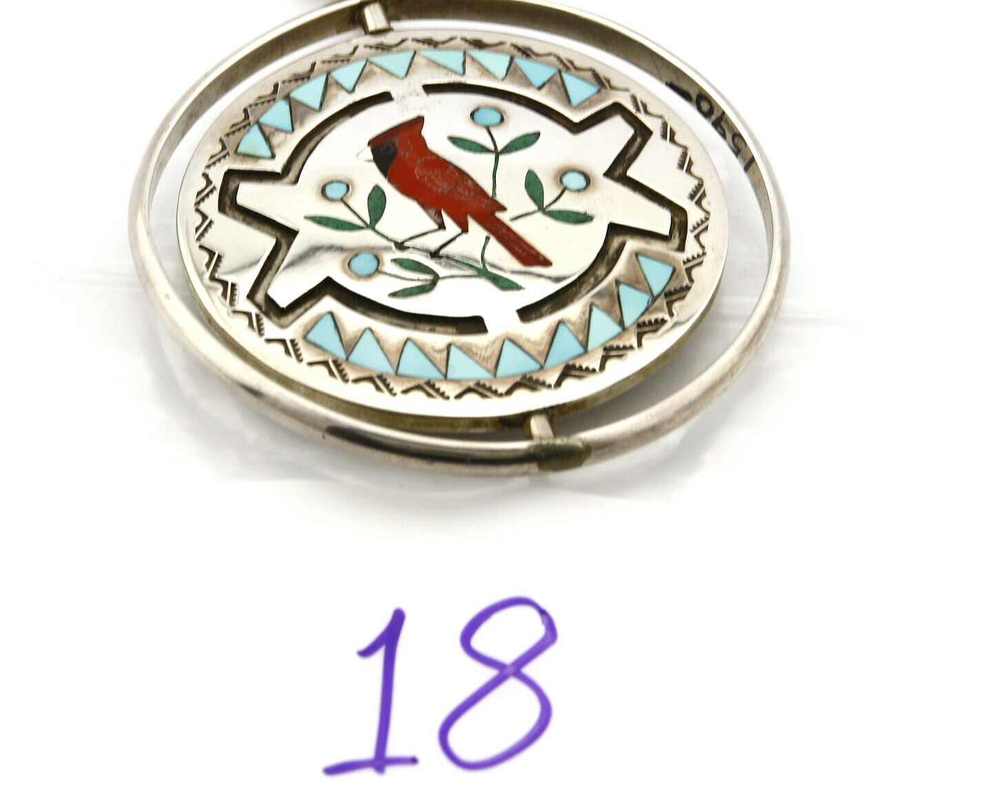 Zuni Bird Spinner Necklace .925 Silver Inlaid Signed Ghahate