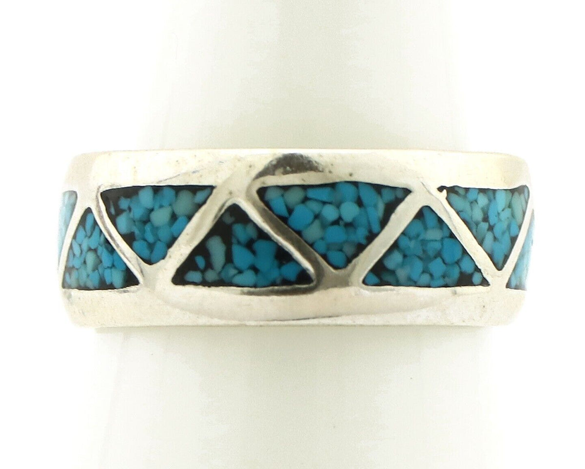 Navajo Chip Inlay Ring 925 Silver Sleeping Beauty Turquoise Artist Silver Cloud