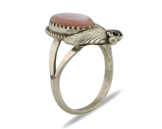 Navajo Ring .925 Silver Natural Pink Mussel Artist Signed Justin Morris C.80's