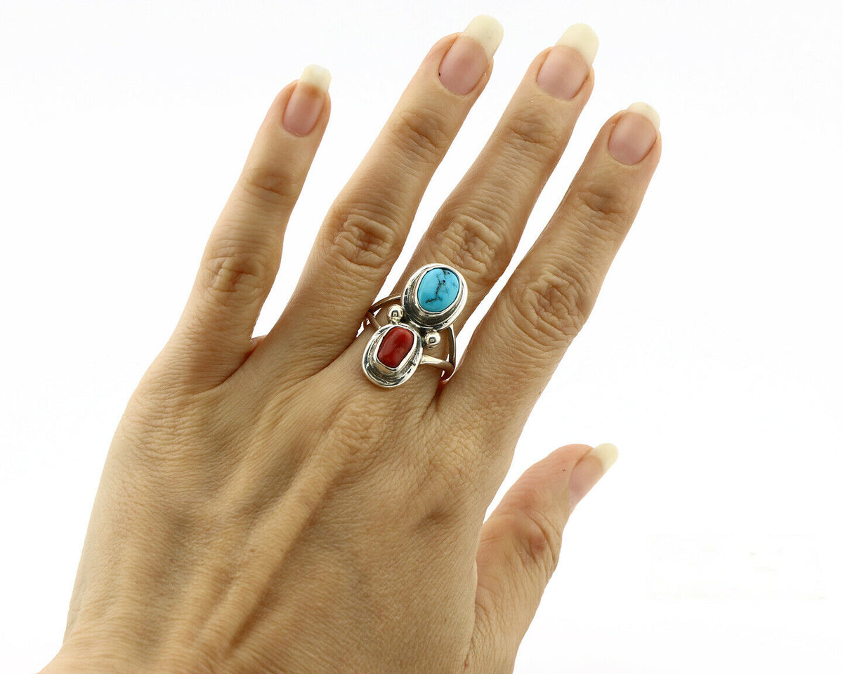 Navajo Ring .925 Silver Red Coral & Blue Turquoise Native Artist C.80's