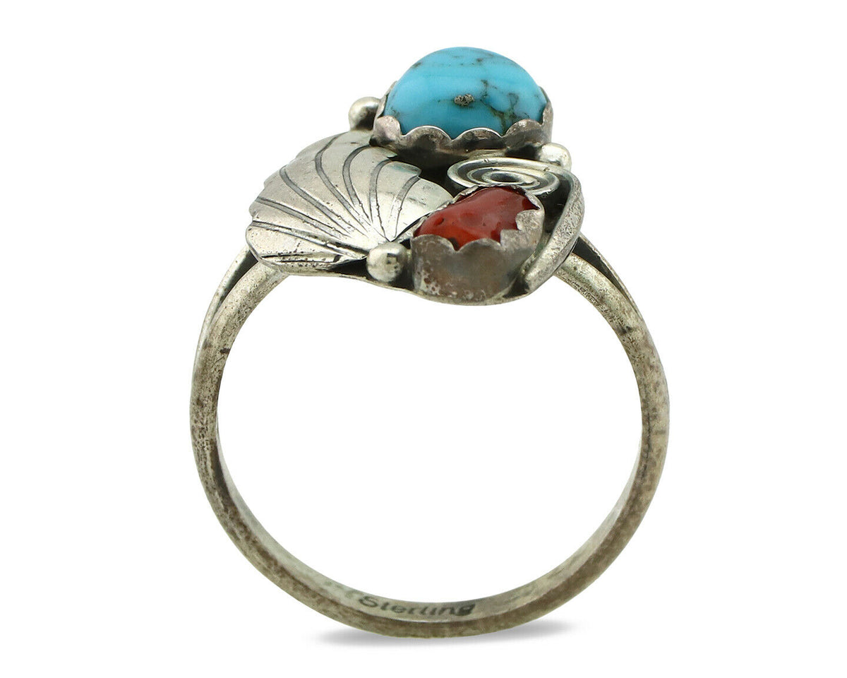 Navajo Ring .925 Silver Turquoise & Coral Native American Artist C.1980's