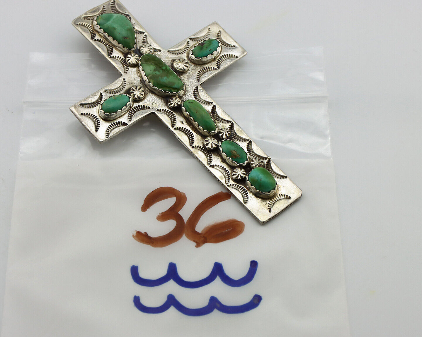 Navajo Cross Necklace 925 Silver Royston Turquoise Artist Signed JO C.80's