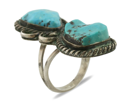 Navajo Ring .925 Silver Globe Turquoise Hand Stamped Native American Artist C80s