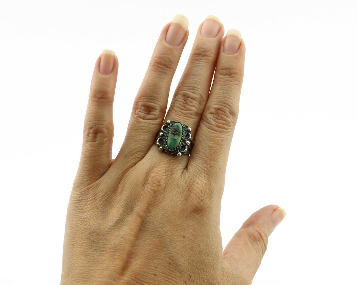 Navajo Ring .925 Silver Green Turquoise Artist Signed F C.80's