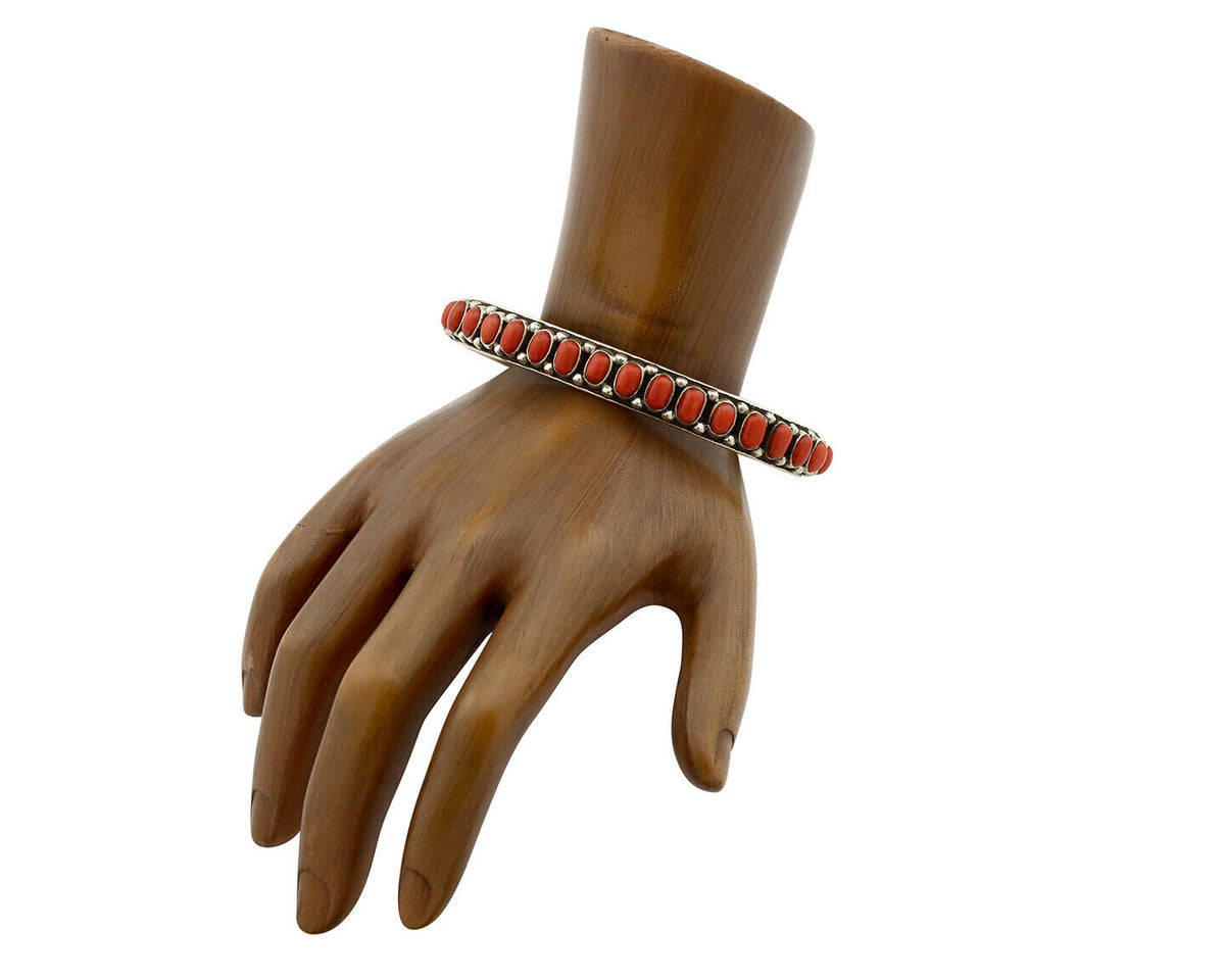Pima Bracelet .925 Silver Natural Red Coral Artist Signed Alvin Sosolda C.80's