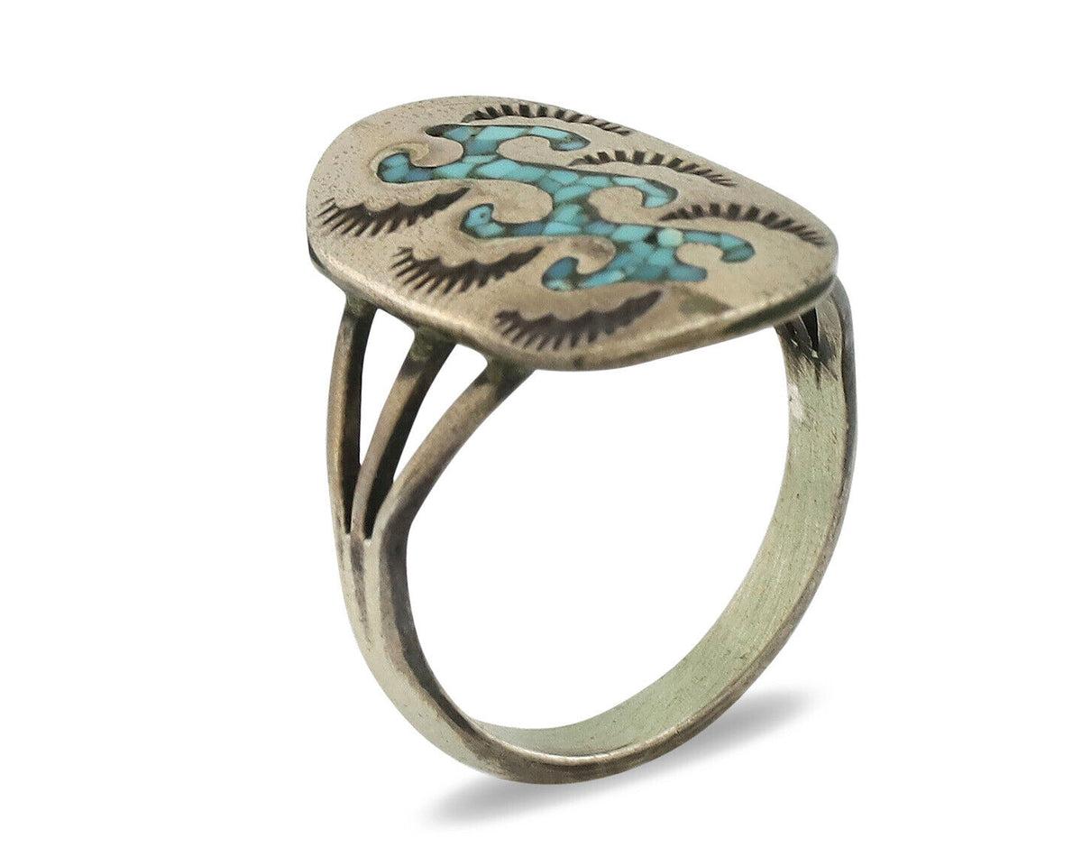 Small Navajo Ring 925 Silver Chip Inlay Turquoise Artist Signed NAKAI C.80's