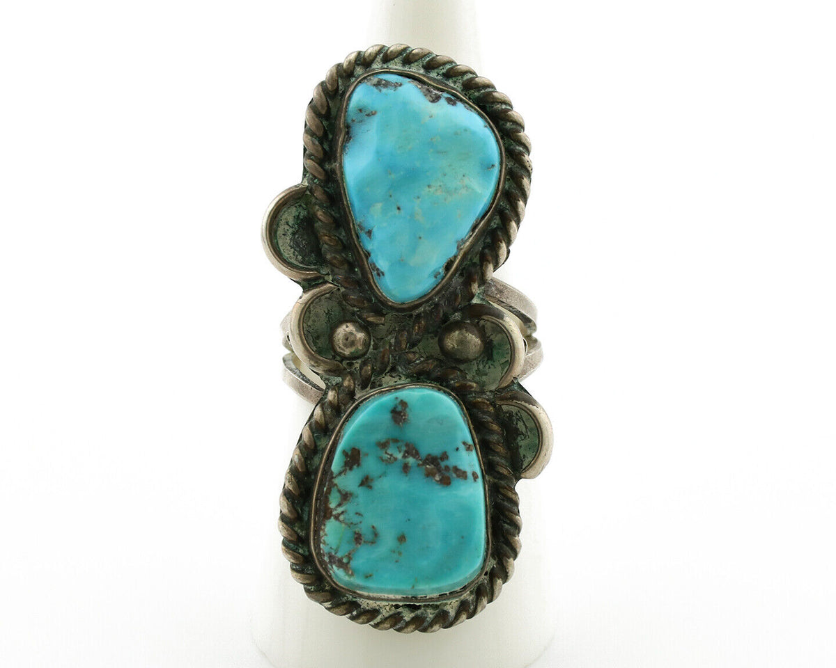 Navajo Ring .925 Silver Globe Turquoise Hand Stamped Native American Artist C80s