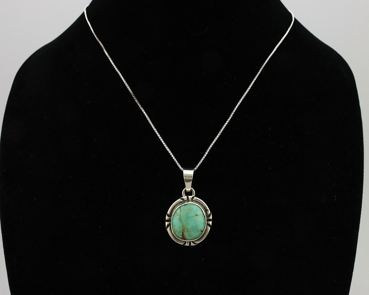 Navajo Kingman Turquoise Pendant .925 Silver Hand Stamped Signed Gecko C.80's