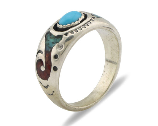 Navajo Handmade Ring 925 Silver Blue Turquoise & Coral Native American Artist