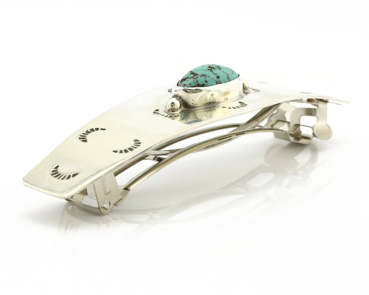 Navajo Hair Clip .925 Silver Spiderweb Turquoise Native American Barrette C.80's