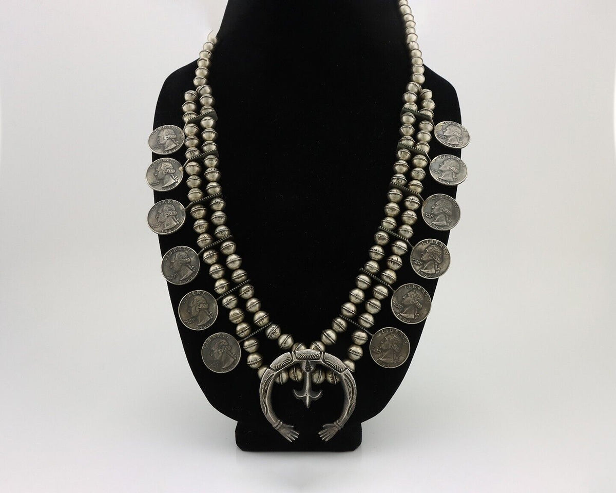 Navajo Coin Squash Necklace 925 Silver Hand Stamped Naja Handmade Beads C.80's