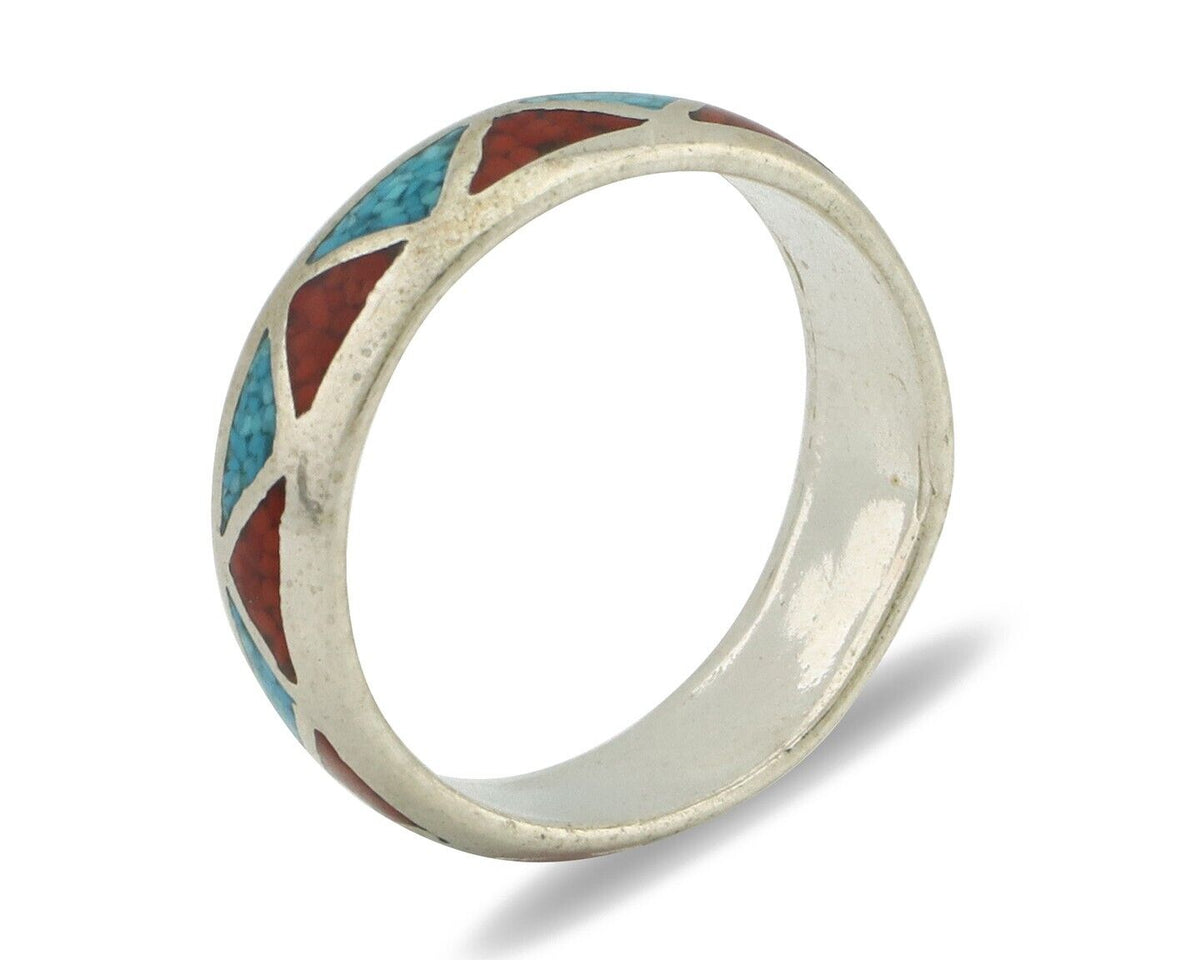 Navajo Ring 925 Silver Natural Turquoise & Coral Native American Artist C.80's