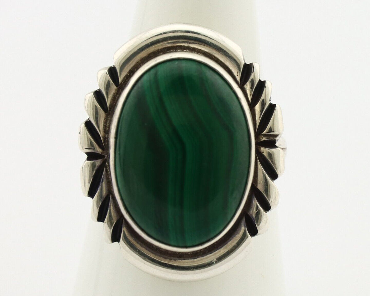 Navajo Ring 925 Silver Malachite Hand Stamped Signed NAKAI C.80's
