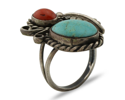 Navajo Handmade Ring 925 Silver Turquiose & Coral Native American Artist C.80's