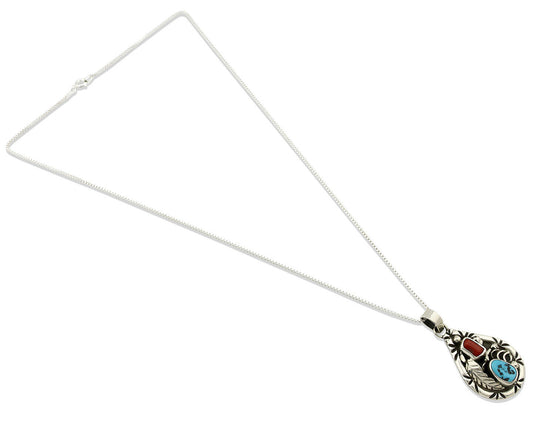 Navajo Necklace .925 Silver Natural Blue Turquoise & Coral Tipi Artist C.80's