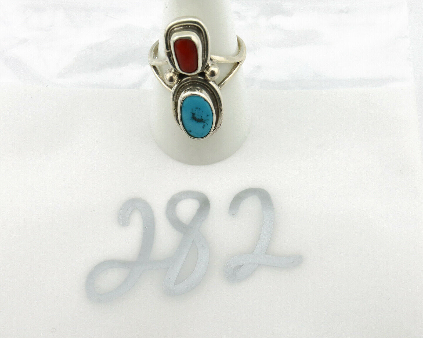 Navajo Ring .925 Silver Blue Turquoise & Red Coral Native American Artist C.80's