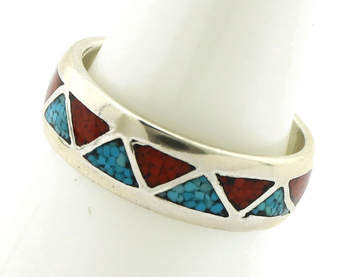 Navajo Chip Inlay Ring 925 Silver Sleeping Beauty Turquoise & Coral Silver Cloud