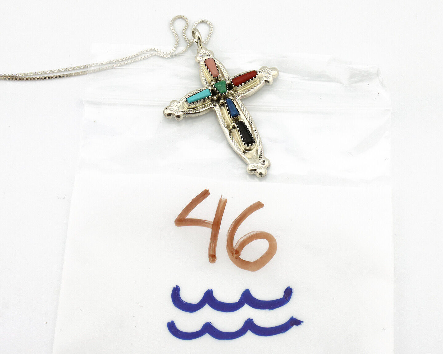 Zuni Handmade Cross Necklace 925 Silver Natural Gemstone Signed E Kaskalla C.80s