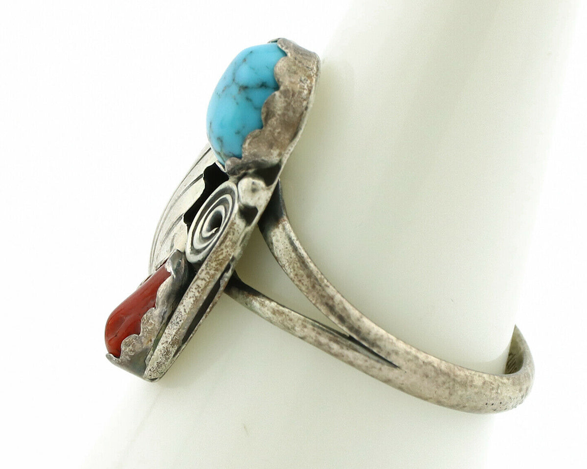 Navajo Ring .925 Silver Turquoise & Coral Native American Artist C.1980's