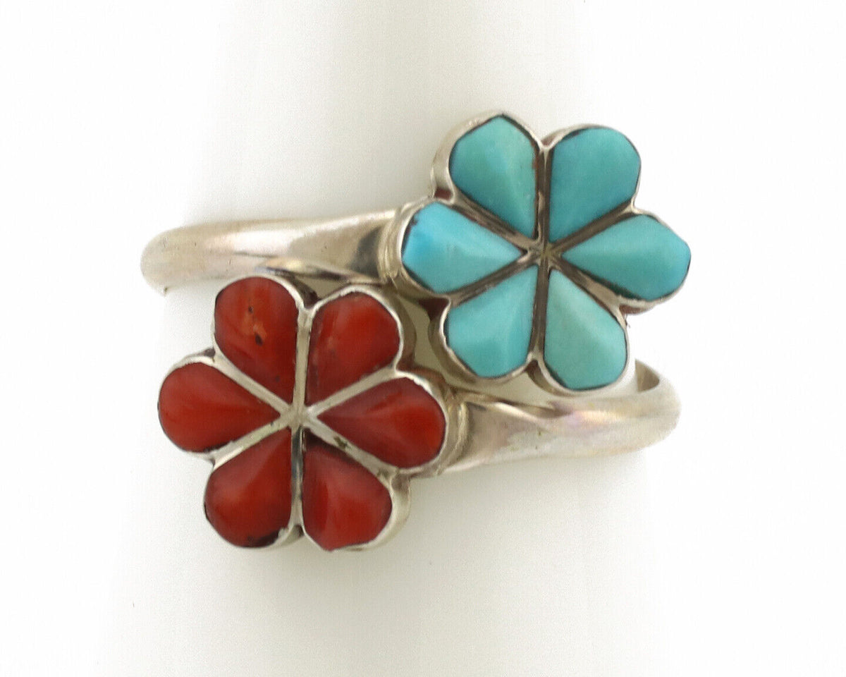 Zuni Flower Ring 925 Silver Turquoise & Coral Native American Artist C.80's