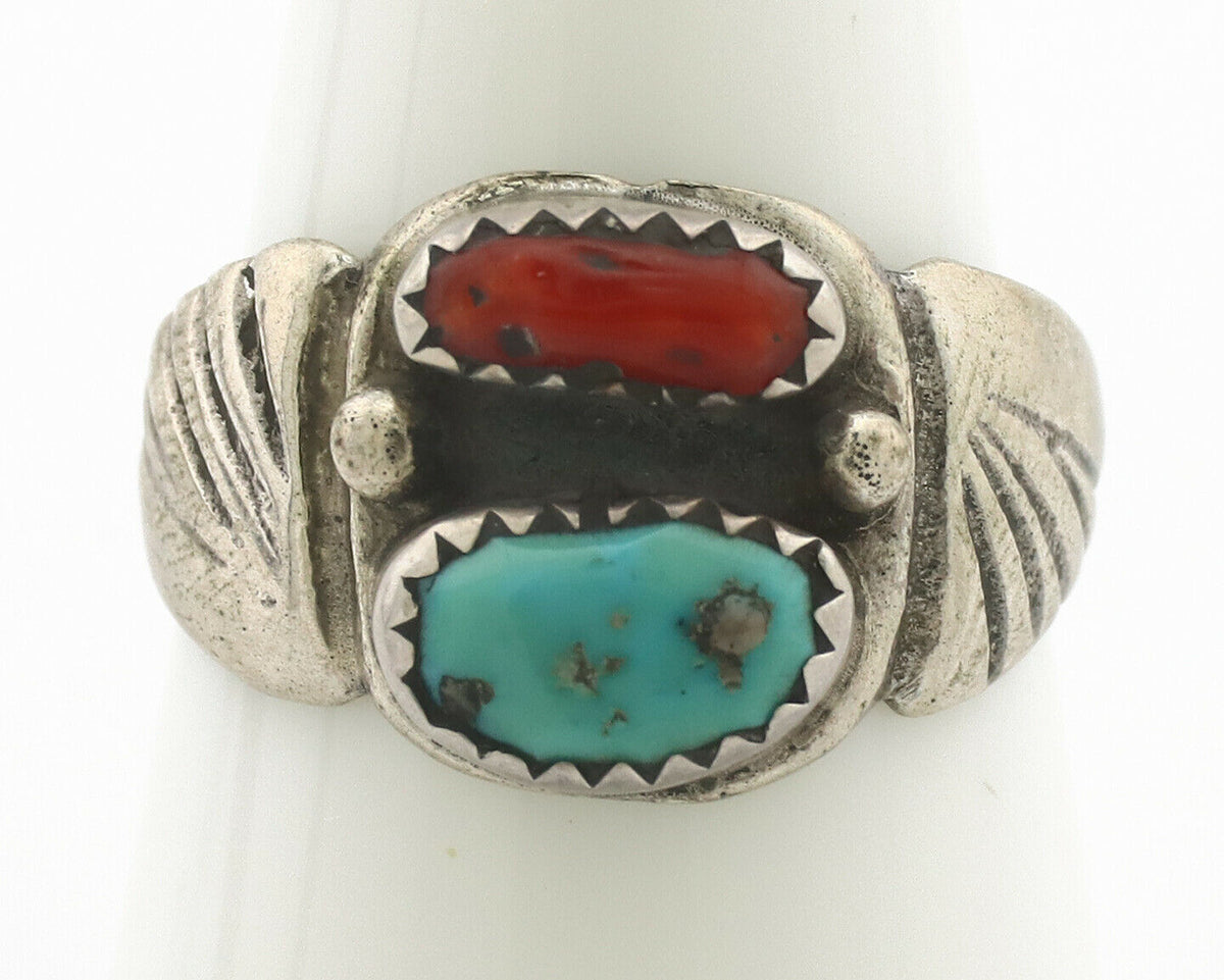 Zuni Ring .925 Silver Natural Turquoise & Coral Native American Artist C.1980's