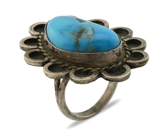 Navajo Ring .925 Silver Globe Turquoise Hand Stamped Native American Artist C80s