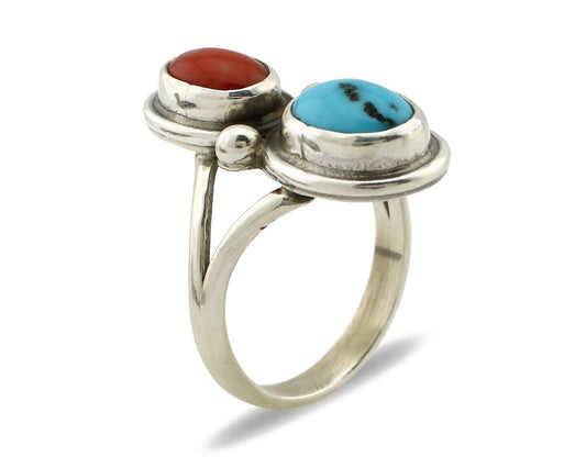 Navajo Handmade Ring 925 Silver Coral & Turquoise Native American Artist C.80's