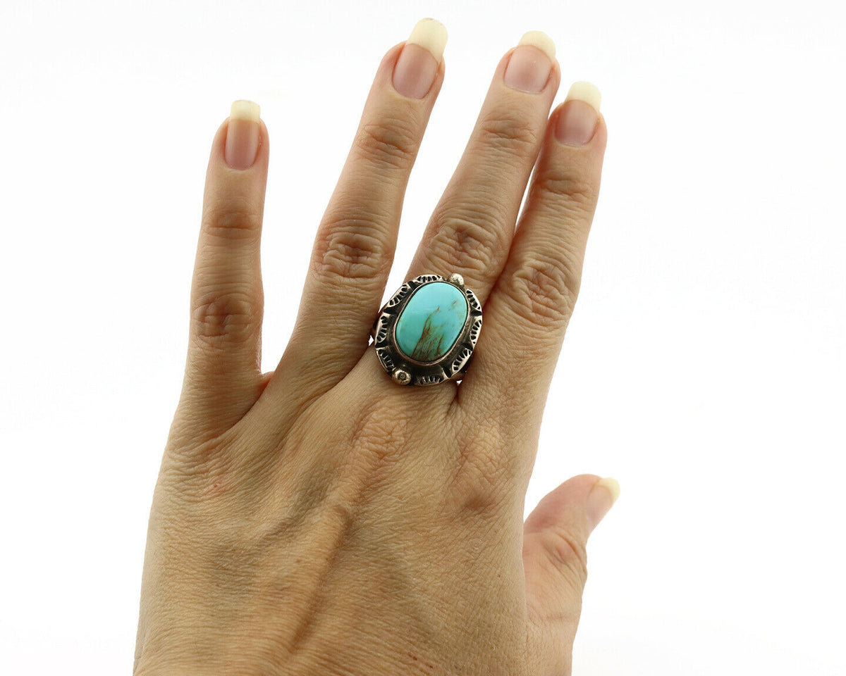 Navajo Ring .925 Silver Kingman Turquoise Artist Signed Gecko C.1980's