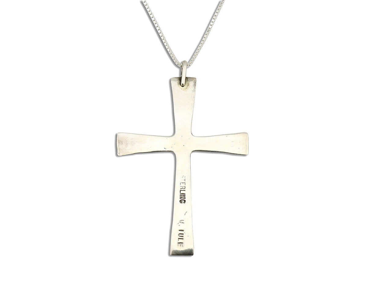 Zuni Handmade Cross Necklace 925 Silver Natural Gemstone Signed W. IULE C.80's