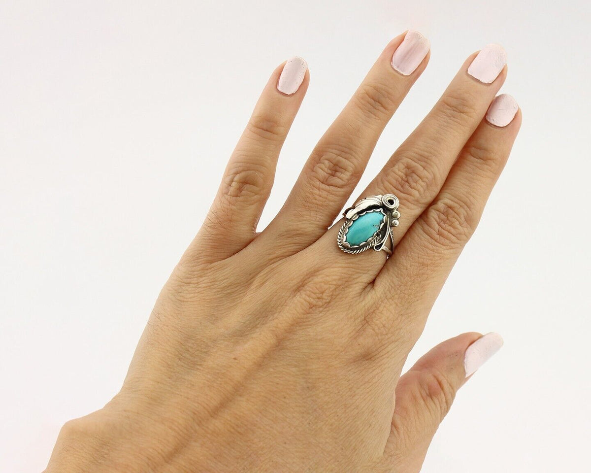 Navajo Inlaid Ring 925 Silver Blue Turquoise Artist Signed Justin Morris C.80s